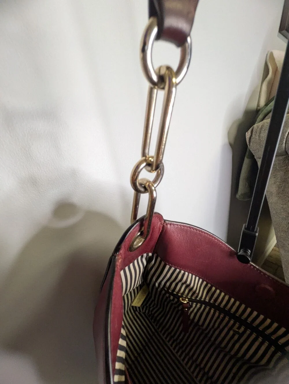 Kate Spade Deep Red Leather Hobo Bag with Gold Chain